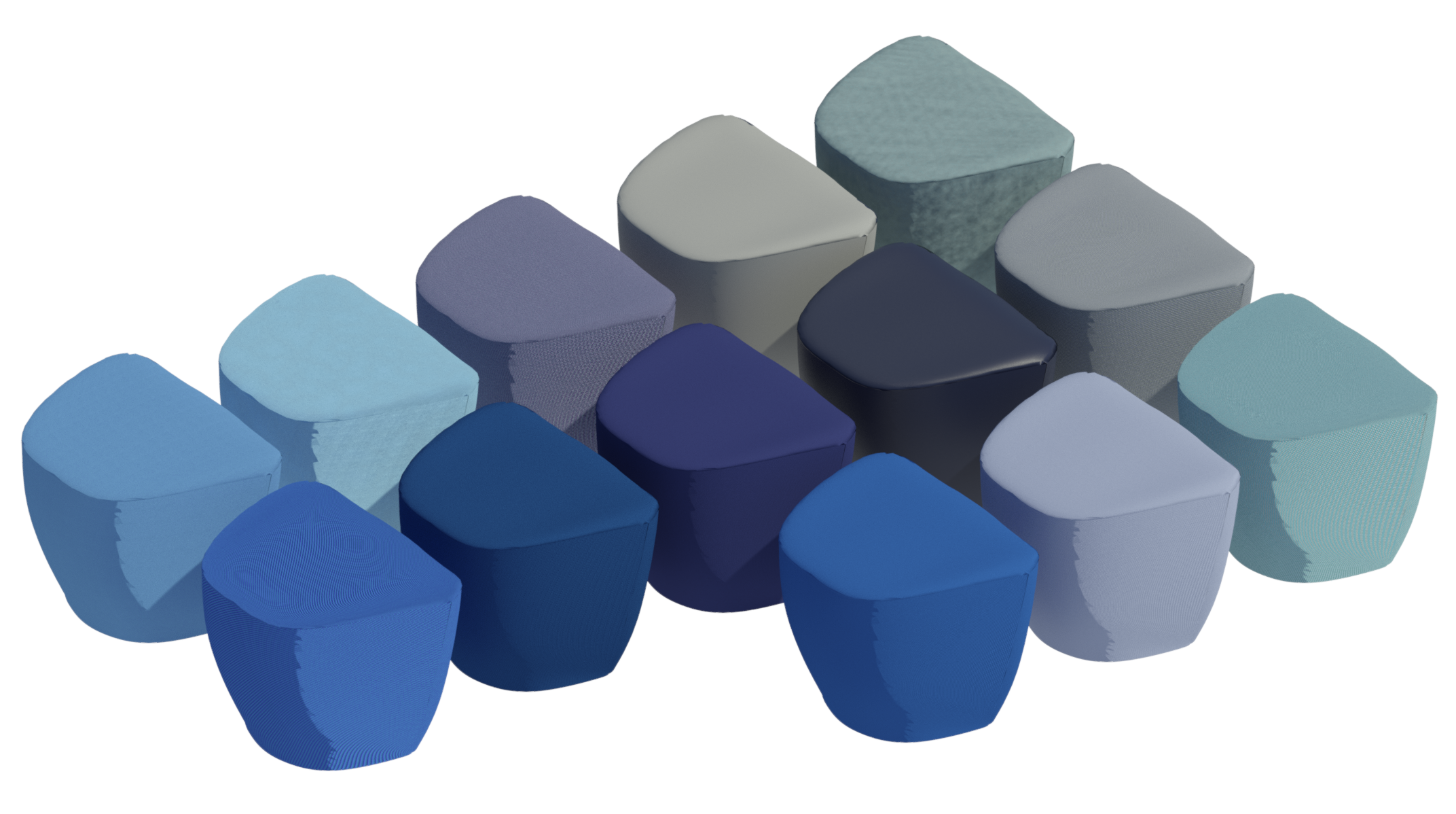 Revit render of Yonda Stool showing shades of blue in 13 different material groups - Remix, Pitch, Morph, Era, Blend, Steelcut Trio, Re-wool, Nova, Leather, Credo, Oceanic, Lona and Cyber.